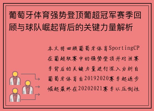 葡萄牙体育强势登顶葡超冠军赛季回顾与球队崛起背后的关键力量解析
